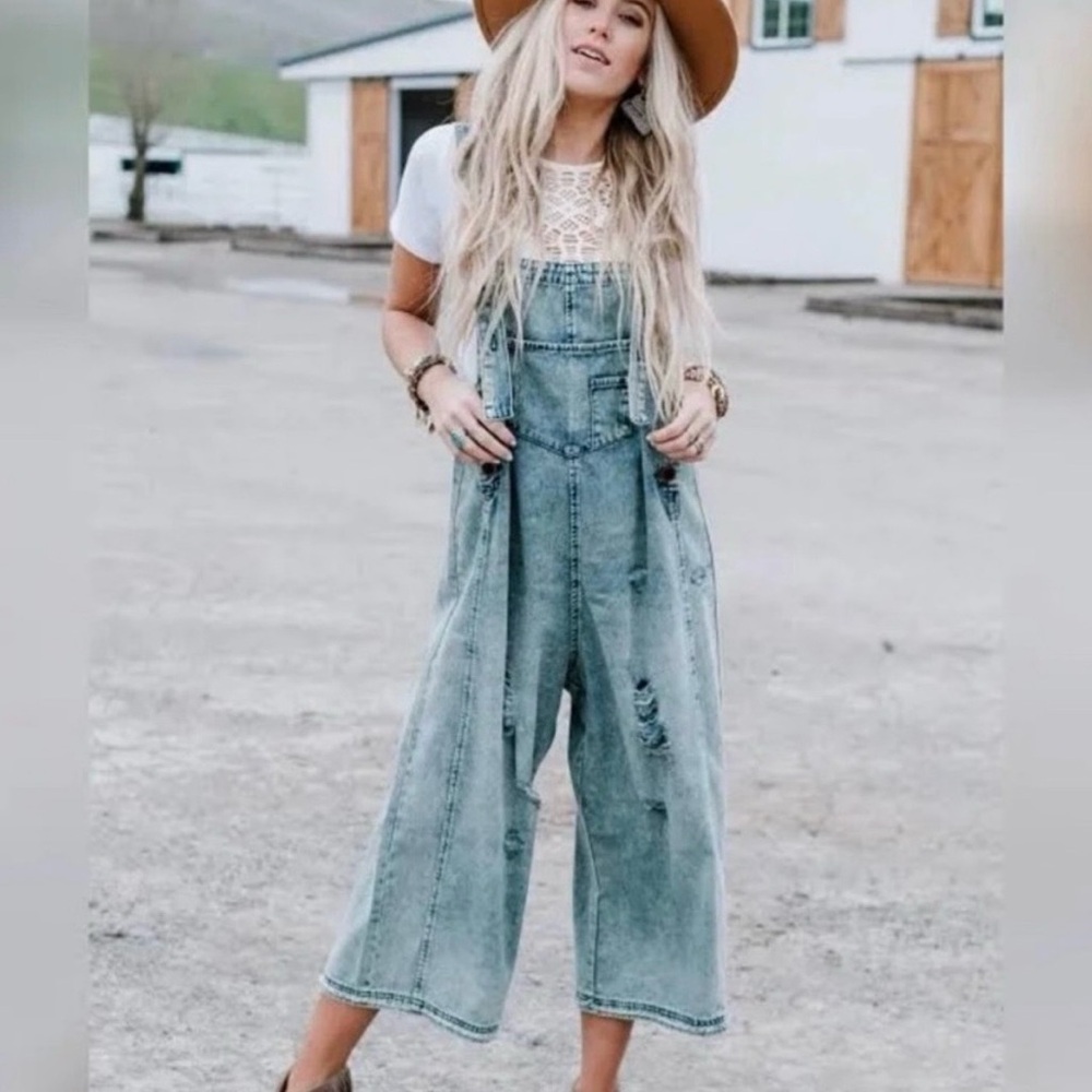 Three Bird Nest Light Wash Distressed Wide-Leg Denim Overalls - Women